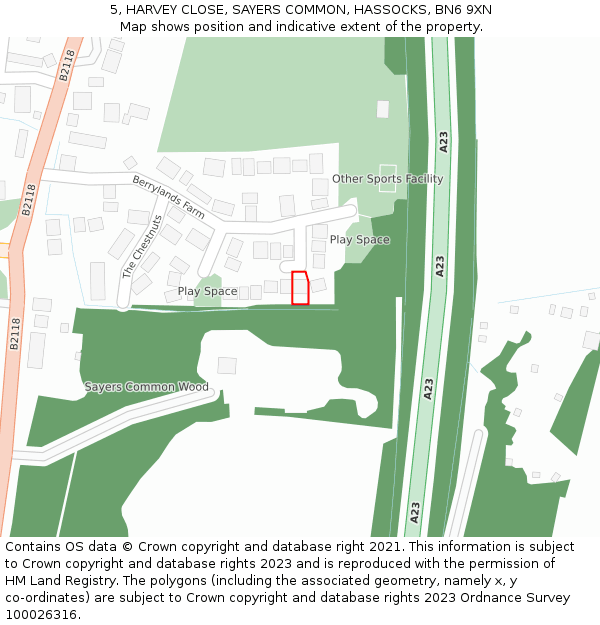 5, HARVEY CLOSE, SAYERS COMMON, HASSOCKS, BN6 9XN: Location map and indicative extent of plot