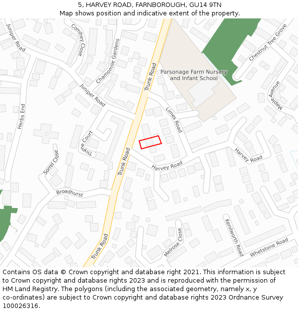 5, HARVEY ROAD, FARNBOROUGH, GU14 9TN: Location map and indicative extent of plot