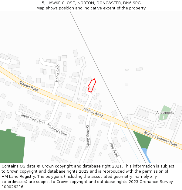 5, HAWKE CLOSE, NORTON, DONCASTER, DN6 9PG: Location map and indicative extent of plot