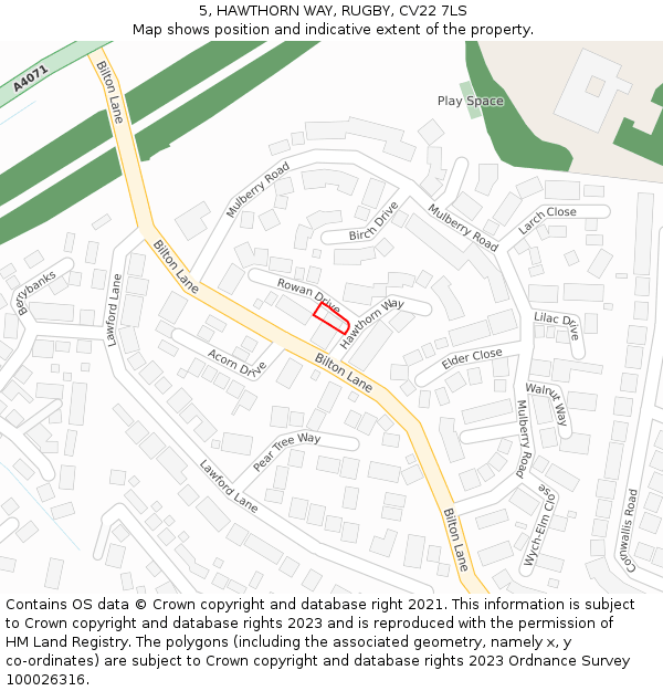 5, HAWTHORN WAY, RUGBY, CV22 7LS: Location map and indicative extent of plot