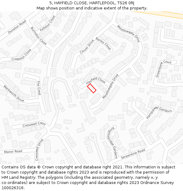 5, HAYFIELD CLOSE, HARTLEPOOL, TS26 0RJ: Location map and indicative extent of plot