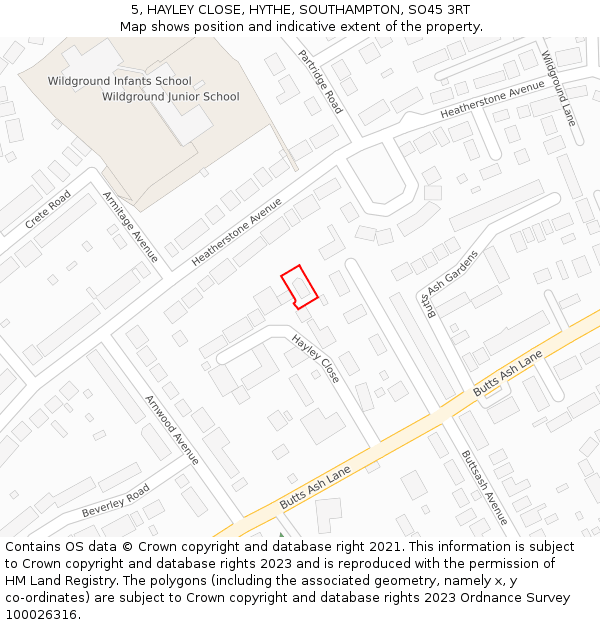 5, HAYLEY CLOSE, HYTHE, SOUTHAMPTON, SO45 3RT: Location map and indicative extent of plot