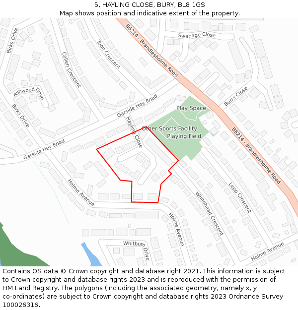 5, HAYLING CLOSE, BURY, BL8 1GS: Location map and indicative extent of plot
