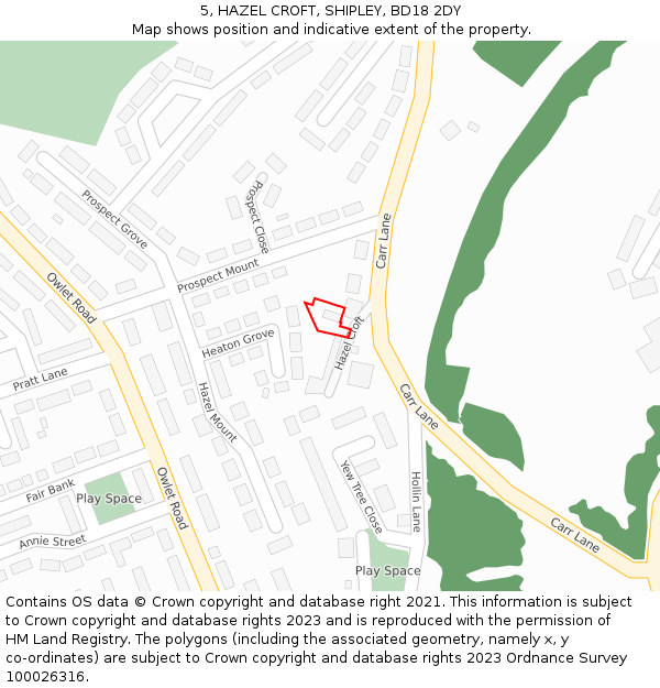 5, HAZEL CROFT, SHIPLEY, BD18 2DY: Location map and indicative extent of plot