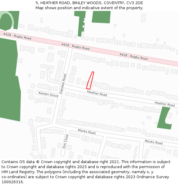 5, HEATHER ROAD, BINLEY WOODS, COVENTRY, CV3 2DE: Location map and indicative extent of plot