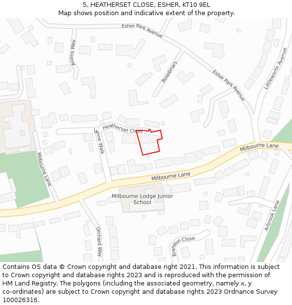 5, HEATHERSET CLOSE, ESHER, KT10 9EL: Location map and indicative extent of plot