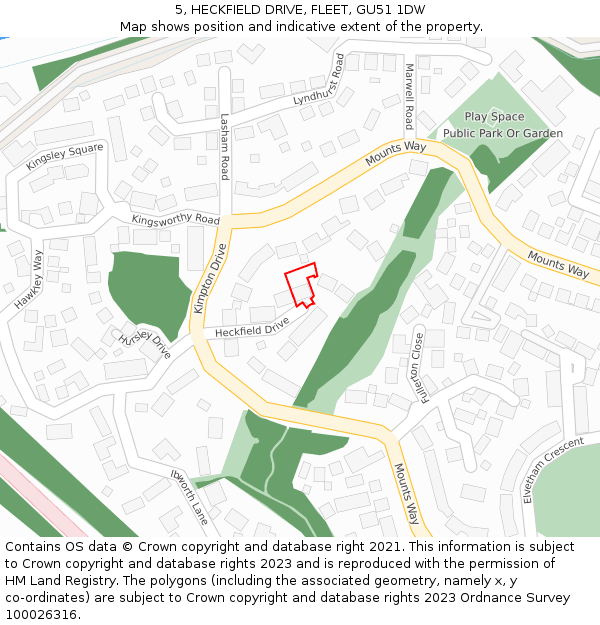 5, HECKFIELD DRIVE, FLEET, GU51 1DW: Location map and indicative extent of plot