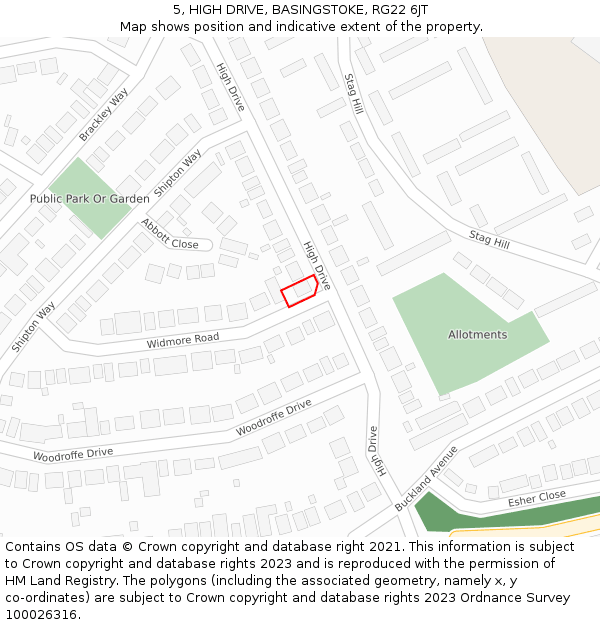 5, HIGH DRIVE, BASINGSTOKE, RG22 6JT: Location map and indicative extent of plot