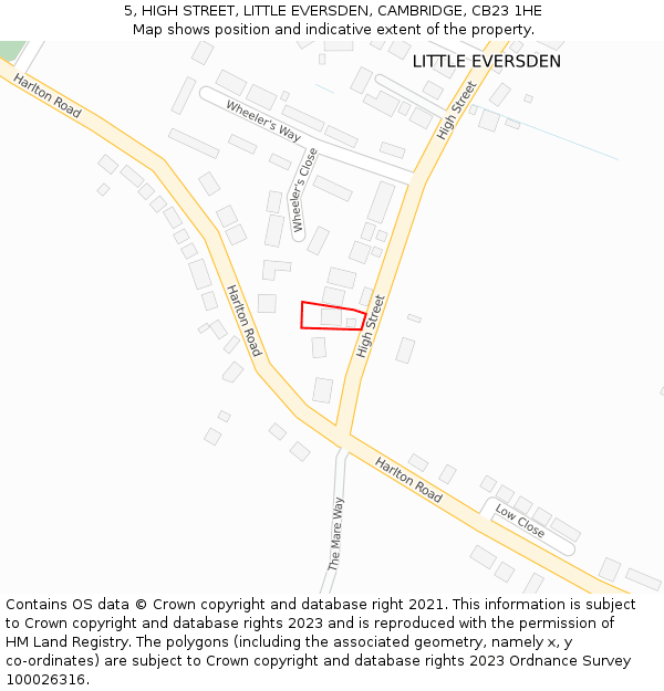 5, HIGH STREET, LITTLE EVERSDEN, CAMBRIDGE, CB23 1HE: Location map and indicative extent of plot