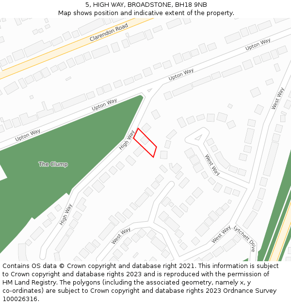 5, HIGH WAY, BROADSTONE, BH18 9NB: Location map and indicative extent of plot