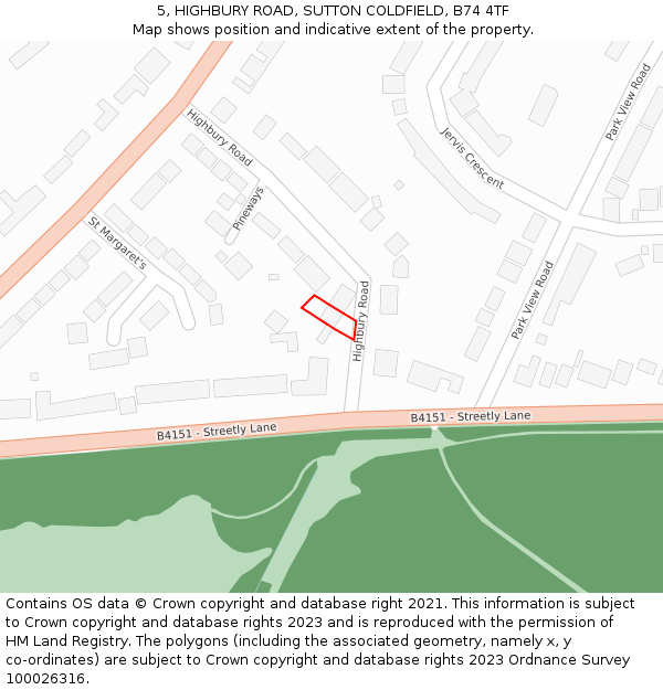 5, HIGHBURY ROAD, SUTTON COLDFIELD, B74 4TF: Location map and indicative extent of plot