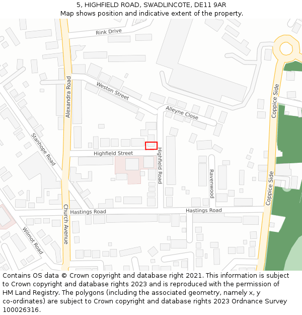 5, HIGHFIELD ROAD, SWADLINCOTE, DE11 9AR: Location map and indicative extent of plot