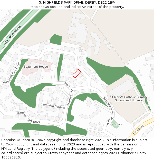 5, HIGHFIELDS PARK DRIVE, DERBY, DE22 1BW: Location map and indicative extent of plot