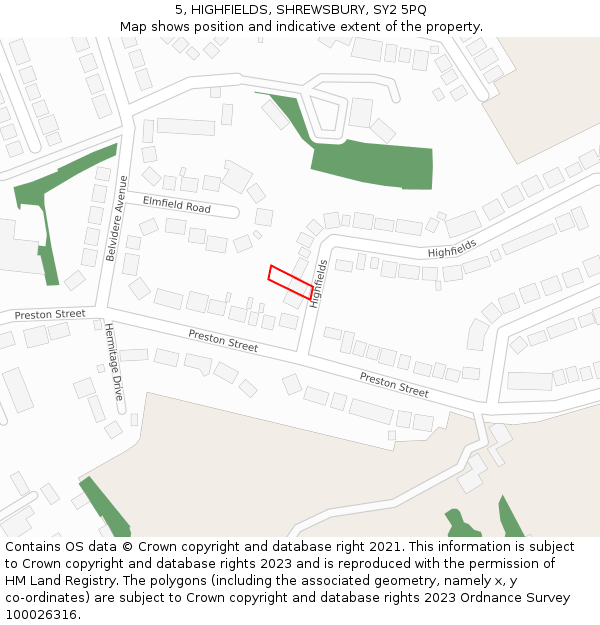 5, HIGHFIELDS, SHREWSBURY, SY2 5PQ: Location map and indicative extent of plot