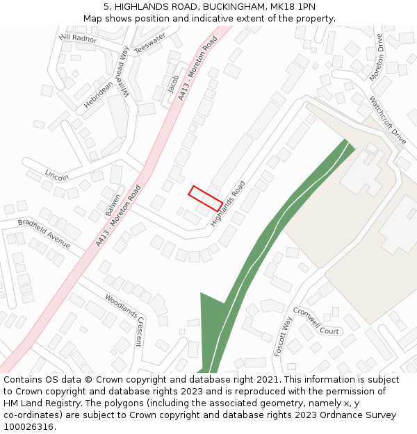 5, HIGHLANDS ROAD, BUCKINGHAM, MK18 1PN: Location map and indicative extent of plot