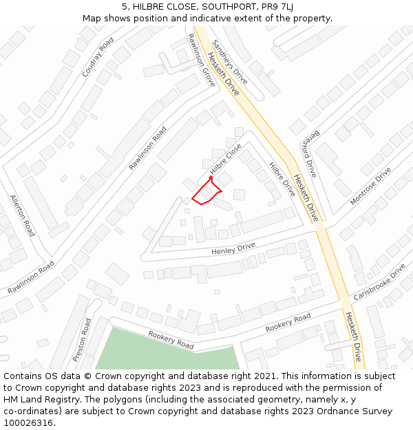 5, HILBRE CLOSE, SOUTHPORT, PR9 7LJ: Location map and indicative extent of plot