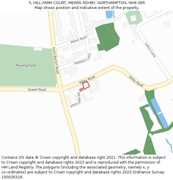 5, HILL FARM COURT, MEARS ASHBY, NORTHAMPTON, NN6 0ER: Location map and indicative extent of plot