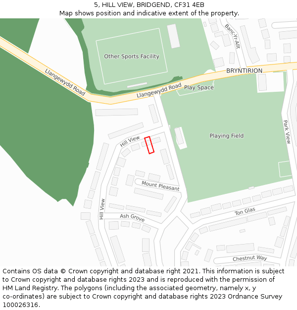 5, HILL VIEW, BRIDGEND, CF31 4EB: Location map and indicative extent of plot