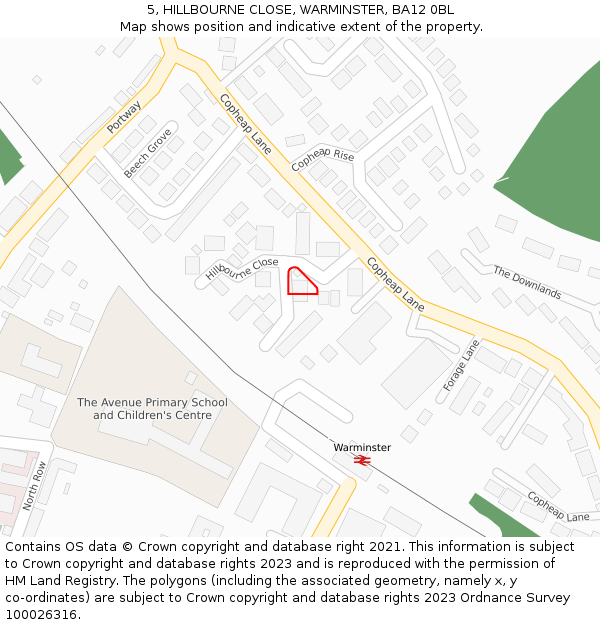 5, HILLBOURNE CLOSE, WARMINSTER, BA12 0BL: Location map and indicative extent of plot