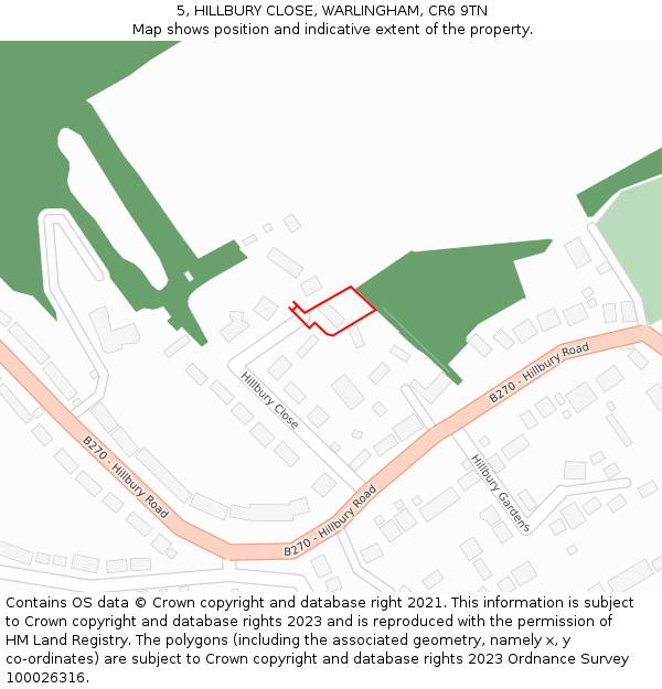 5, HILLBURY CLOSE, WARLINGHAM, CR6 9TN: Location map and indicative extent of plot