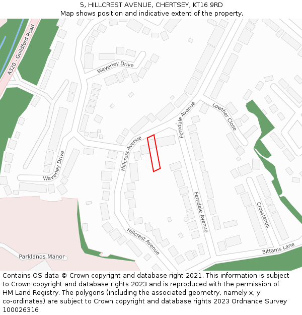 5, HILLCREST AVENUE, CHERTSEY, KT16 9RD: Location map and indicative extent of plot