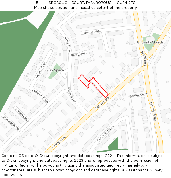 5, HILLSBOROUGH COURT, FARNBOROUGH, GU14 9EQ: Location map and indicative extent of plot