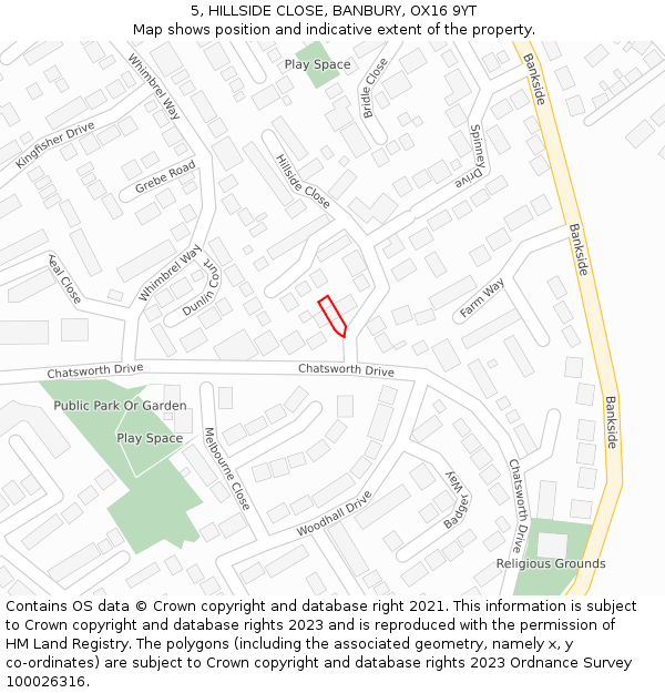 5, HILLSIDE CLOSE, BANBURY, OX16 9YT: Location map and indicative extent of plot