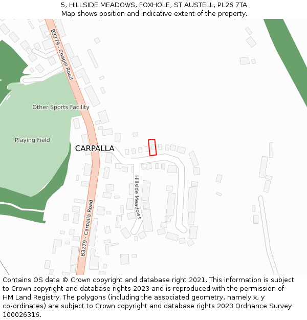 5, HILLSIDE MEADOWS, FOXHOLE, ST AUSTELL, PL26 7TA: Location map and indicative extent of plot