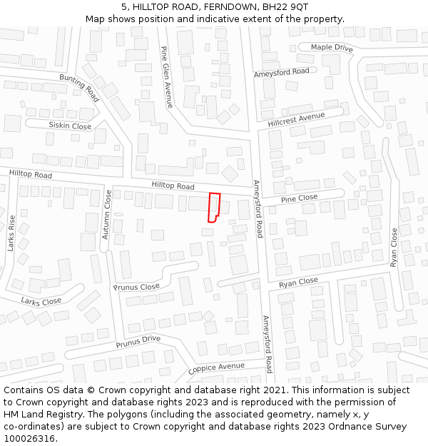 5, HILLTOP ROAD, FERNDOWN, BH22 9QT: Location map and indicative extent of plot