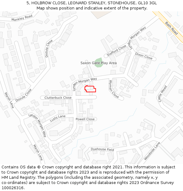 5, HOLBROW CLOSE, LEONARD STANLEY, STONEHOUSE, GL10 3GL: Location map and indicative extent of plot