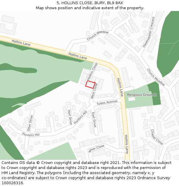 5, HOLLINS CLOSE, BURY, BL9 8AX: Location map and indicative extent of plot