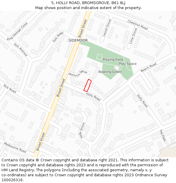 5, HOLLY ROAD, BROMSGROVE, B61 8LJ: Location map and indicative extent of plot