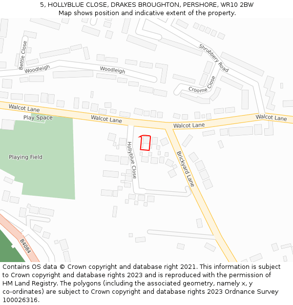 5, HOLLYBLUE CLOSE, DRAKES BROUGHTON, PERSHORE, WR10 2BW: Location map and indicative extent of plot