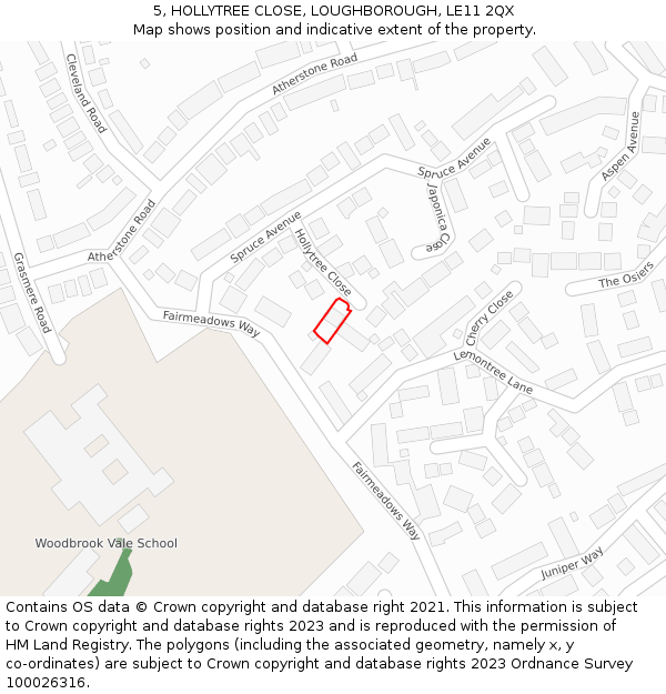 5, HOLLYTREE CLOSE, LOUGHBOROUGH, LE11 2QX: Location map and indicative extent of plot