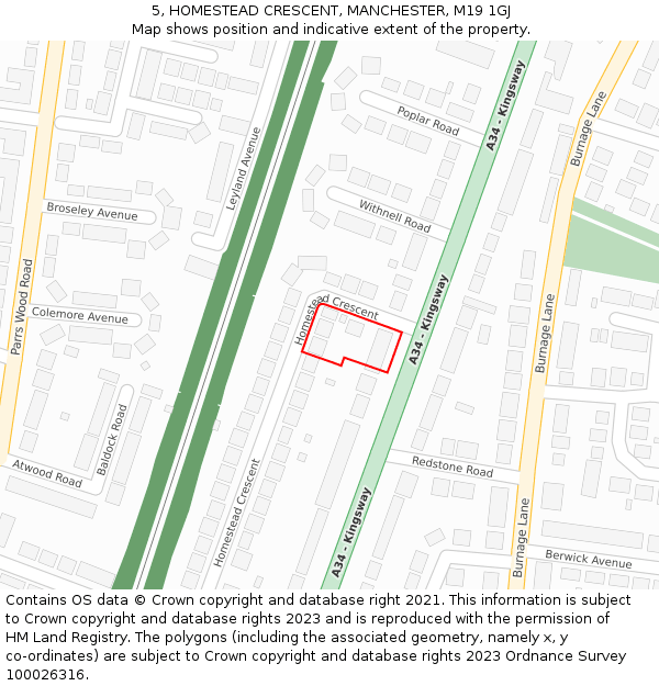 5, HOMESTEAD CRESCENT, MANCHESTER, M19 1GJ: Location map and indicative extent of plot