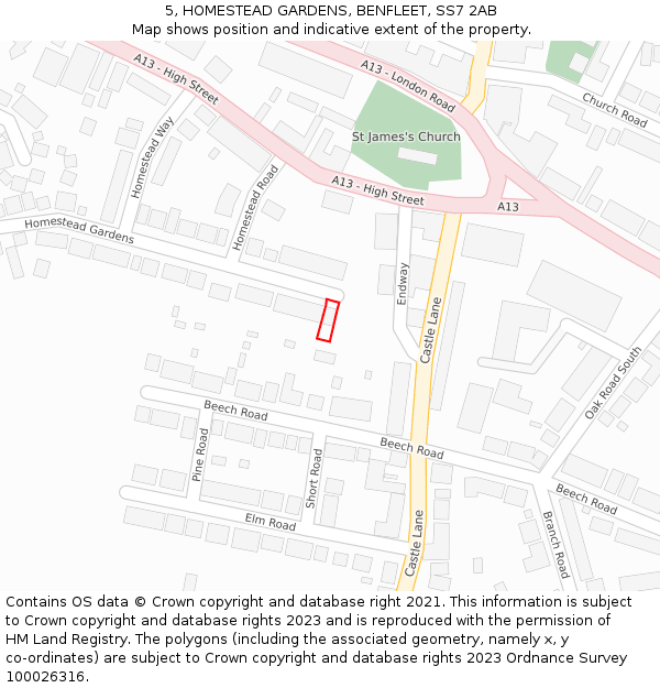 5, HOMESTEAD GARDENS, BENFLEET, SS7 2AB: Location map and indicative extent of plot