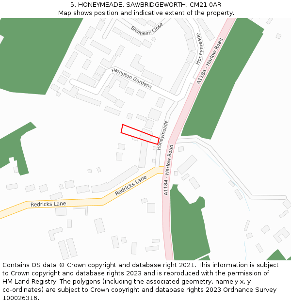 5, HONEYMEADE, SAWBRIDGEWORTH, CM21 0AR: Location map and indicative extent of plot