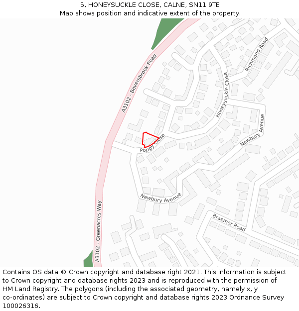 5, HONEYSUCKLE CLOSE, CALNE, SN11 9TE: Location map and indicative extent of plot