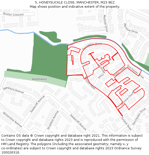 5, HONEYSUCKLE CLOSE, MANCHESTER, M23 9EZ: Location map and indicative extent of plot