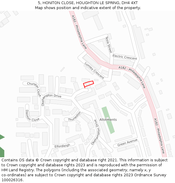 5, HONITON CLOSE, HOUGHTON LE SPRING, DH4 4XT: Location map and indicative extent of plot