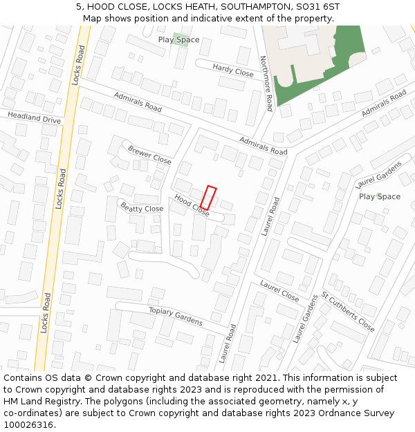 5, HOOD CLOSE, LOCKS HEATH, SOUTHAMPTON, SO31 6ST: Location map and indicative extent of plot