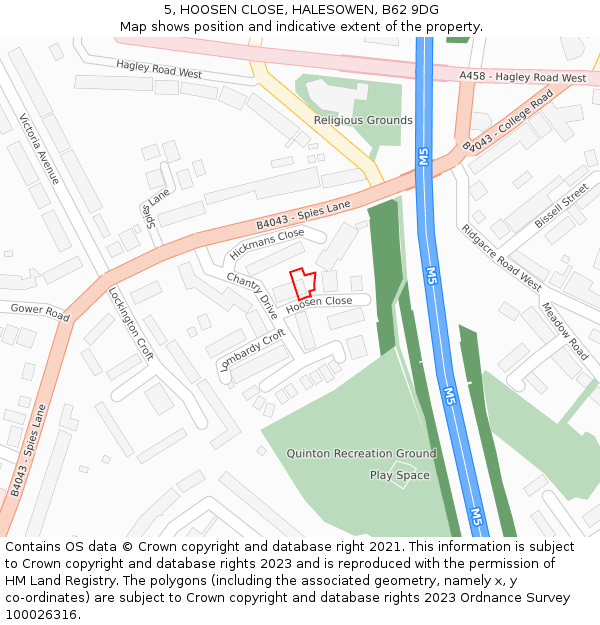 5, HOOSEN CLOSE, HALESOWEN, B62 9DG: Location map and indicative extent of plot