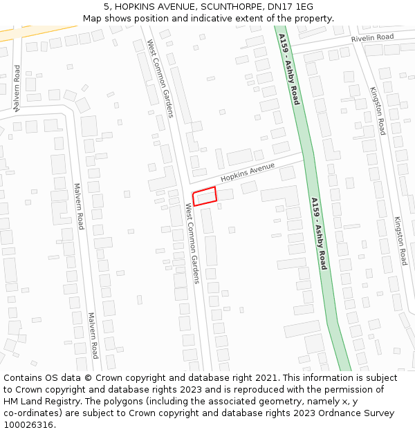 5, HOPKINS AVENUE, SCUNTHORPE, DN17 1EG: Location map and indicative extent of plot