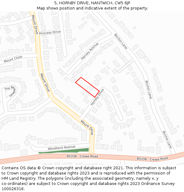 5, HORNBY DRIVE, NANTWICH, CW5 6JP: Location map and indicative extent of plot