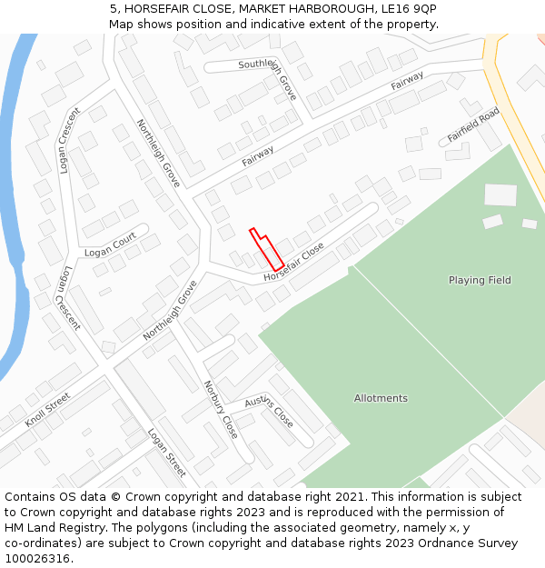 5, HORSEFAIR CLOSE, MARKET HARBOROUGH, LE16 9QP: Location map and indicative extent of plot