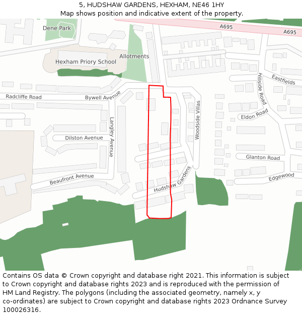 5, HUDSHAW GARDENS, HEXHAM, NE46 1HY: Location map and indicative extent of plot