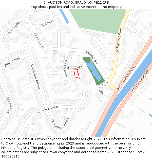 5, HUDSON ROAD, SPALDING, PE11 2FB: Location map and indicative extent of plot