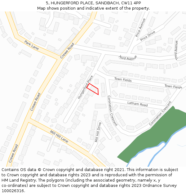 5, HUNGERFORD PLACE, SANDBACH, CW11 4PP: Location map and indicative extent of plot