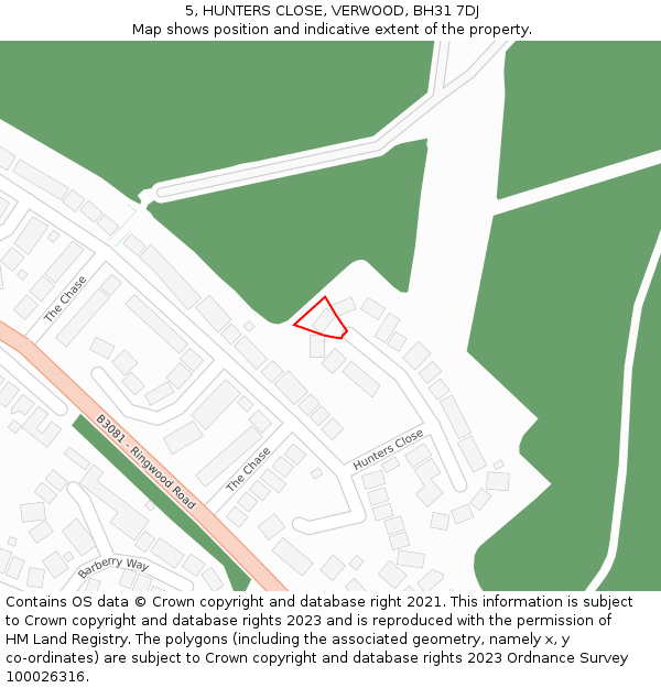 5, HUNTERS CLOSE, VERWOOD, BH31 7DJ: Location map and indicative extent of plot
