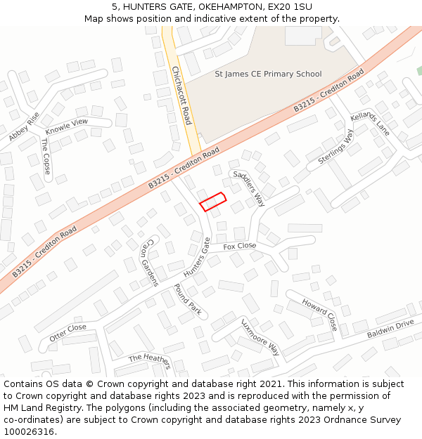 5, HUNTERS GATE, OKEHAMPTON, EX20 1SU: Location map and indicative extent of plot
